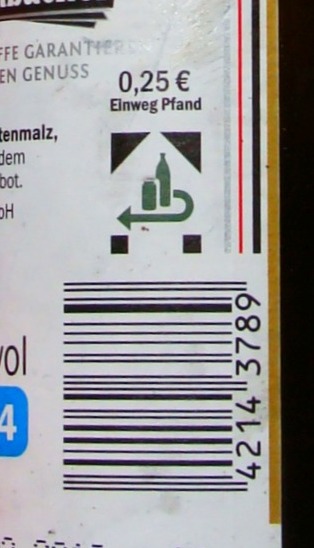 Image of a single-use deposit next to a barcode on a bottle.